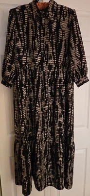 Sz S Maxi Dress Collar Button Slip On Lightweight Black Beige 3/4 Sleeve - Image 1 of 4