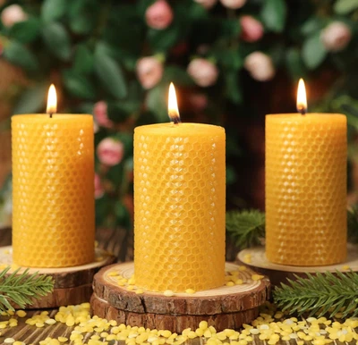 Paquete de 3 velas de pilar de cera de abejas natural, velas enrolladas de cera de abejas pura hechas a mano Foto 1 de 4