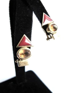 Vintage Manfredi Earrings 18k Gold Red Enamel & Orange-Yellow Faceted Stone - Picture 1 of 8