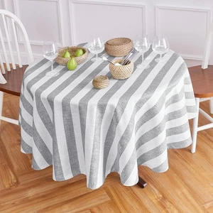 Linen Round Tablecloth 70 Inch - Cabana Stripe, 100% Pure Linen Grey and Whit... - Picture 1 of 7