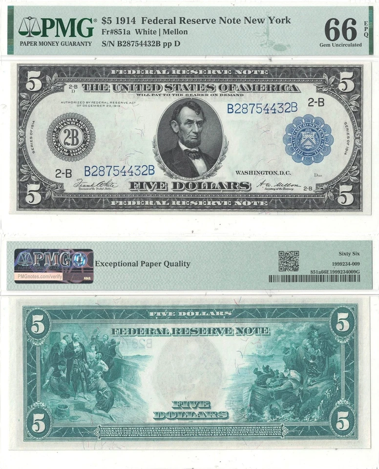 1914 $5 Federal Reserve Note Fr-851a PMG-66 EPQ - Image 1 of 3
