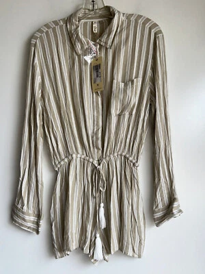 NUEVO CON ETIQUETAS ELAN Creekside Taupe Blanco Rayas Pantalones Cortos Mameluco Mono Talla Mediana Foto 1 de 4