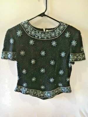 Blusa Papell Boutique Noche Negra Seda Talla Pequeña Forrada con Cuentas Cierre de Cremallera Foto 1 de 4