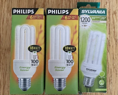 Job Lot 2 Philips 18W Genie & 1 Sylvania 20W Screw Energy Saving Light Bulbs - Image 1 of 2