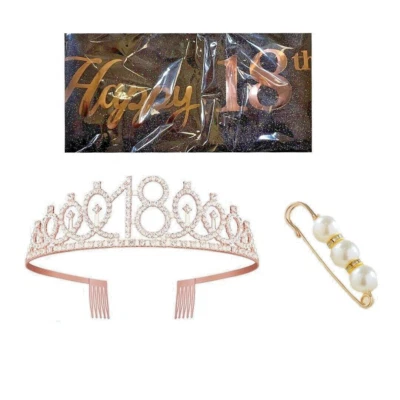 18th Birthday Decorations For Girls Including Sash & Tiara Rose Gold SEE PICS - Image 1 of 4