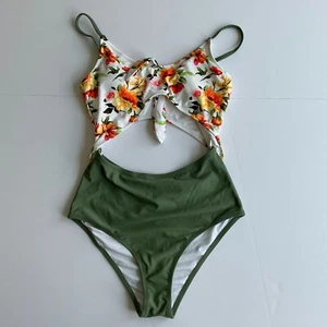 CUPSHE Women's Cutout One-Piece Swimsuit - Floral Top & Olive Bottom - Size M - Picture 1 of 6