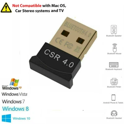 Adaptador Dongle Inalámbrico Bluetooth Mini USB CSR V4.0 Para Windows 7/8/10 Laptop PC - Imagen 1 de 4