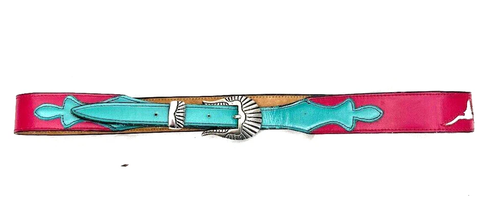 Cinturón de cintura ajustable con hebilla plateada con incrustaciones de cuero rosa azul Nocona para mujer 34" Foto 1 de 4