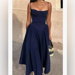 NEW Navy Blue Corset Style Low Waist Midi Sling Dress M - Picture 1 of 5