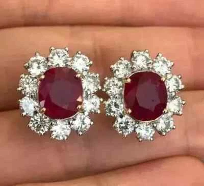 3.00Ct Cushion Cut Lab Created Ruby Halo Stud Earrings 14K White Gold Plated - Image 1 of 4