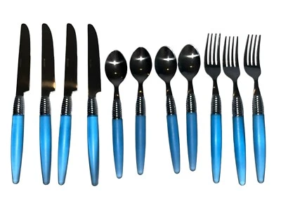 Colheres garfos utensílios de aço inoxidável cabo azul claro acrílico vintage Lucite - Imagem 1 de 4
