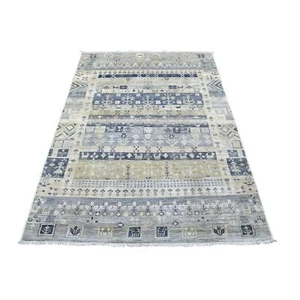 3'9"x6' Hand-Knotted Ivory Kashkuli Gabbeh Nomadic Design Pure Wool Rug R67050 - Picture 1 of 6