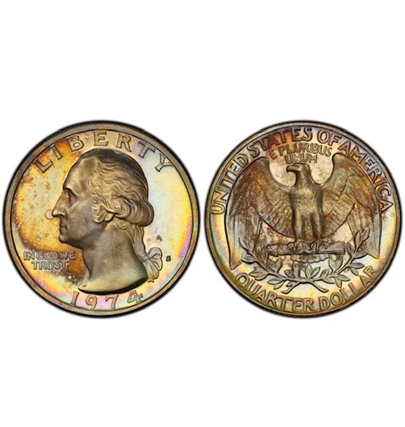 PR67 1974-S 25C Washington Proof Quarter, PCGS Secure- Rainbow Album Toned Cover