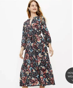 NWT LOFT Shimmer Paisley Tie Neck Midi Dress - Forever Navy - Size X Small - Picture 1 of 3