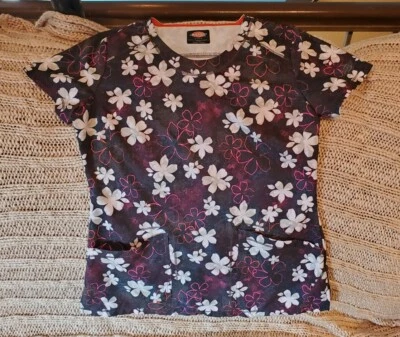  Dickies Womens Floral Top Scrubs  sz Small Medical Black Pink White 93643 - Image 1 of 4