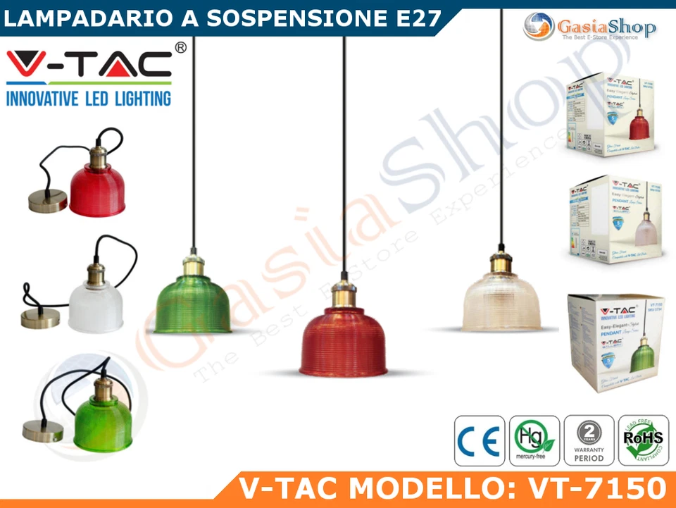 V-TAC VT-7150 LAMPADARIO A SOSPENSIONE PENDENTE IN VETRO PER LAMPADE E27 - Immagine 1 di 1