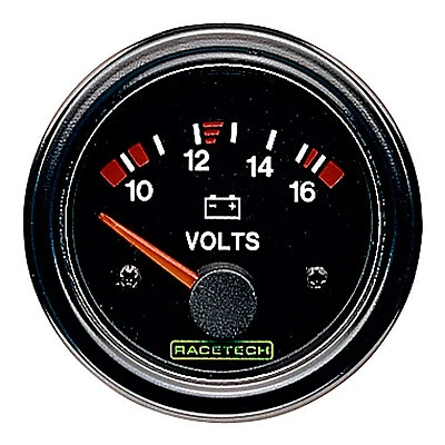 Racetech 52mm Dia Voltmeter - 10V-16V Scale, Black Dial Face, White Back Light - Image 1 of 1