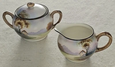 Antiguo juego de crema y azúcar de porcelana pintada a mano Nippon escena rural JAPÓN Foto 1 de 4