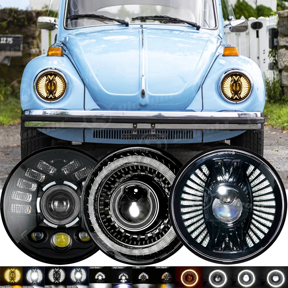 Para 1950-1979 VW Beetle par de faróis de LED redondos 7" polegadas halo DRL feixe alto/baixo - Imagem 1 de 4