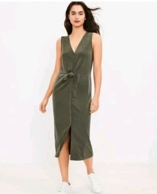 Lou & Grey Womens Sandwashed Button  Up Tie Front Midi Dress Size S Petite Olive - Image 1 of 4