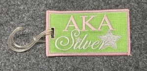 AKA Silver Embroidered Pink Green Luggage Tag Keychain Accessory Sorority Gift - Picture 1 of 7