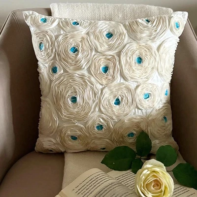 Decorative Sofa Cushion Case Ivory 16"x16", Square Silk - Ivory Roses - Image 1 of 4