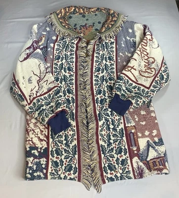 Vintage Woven Throw Tapestry Blanket Fringed Jacket Coat Shawl Christmas Santa - Image 1 of 4