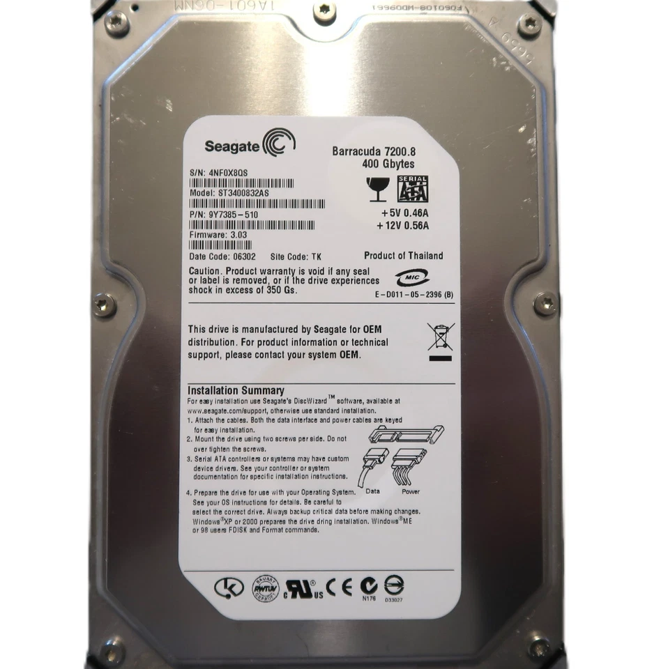 Seagate ST3400832AS 9Y7385-510 3.03 (4NF) TK Thailand 3.5" 400gb Sata JAN/2006 - Image 1 of 1