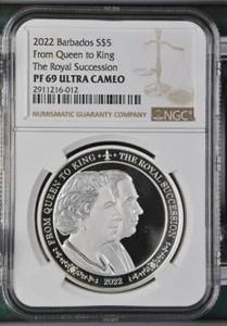 2019 Barbados FROM QUEEN TO KING SUCCESSION Silver $5 S$5 PF69 Ultra Cameo NGC - Picture 1 of 5