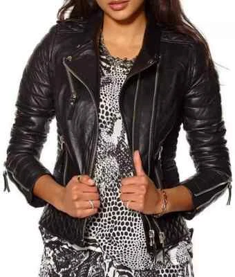 New Women's Black Leather Jacket Pure Sheepskin Leather Style Slim Fit Jacket - Image 1 of 3