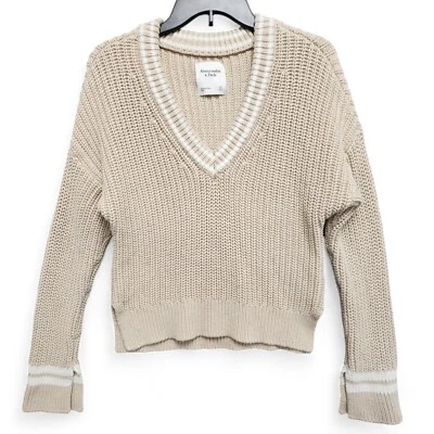 Suéter Abercrombie Fitch Mujer XS Beige Tejido con Cable Cuello en V Logo Y2K Pullover Foto 1 de 4