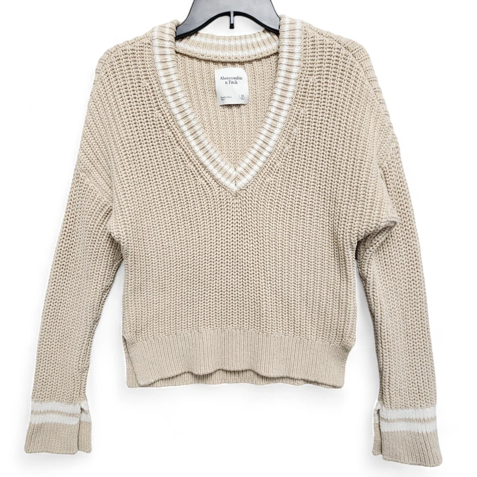 Abercrombie Fitch свитер женщин XS бежевый кабель трикотажа V шеи Y2K логотип пуловер - Изображение 1 из 4