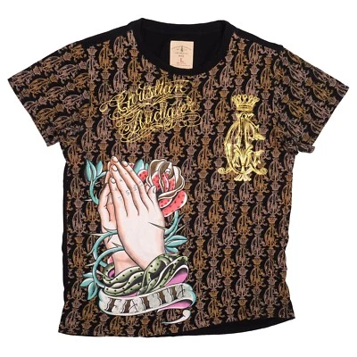 Camiseta Christian Audigier Faith Praying Hands dorada pantalla de seda rosa grande para hombre Foto 1 de 4