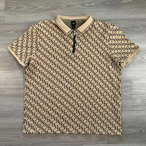 River Island Polo Shirt Mens XL Tan All Over Print Zip Up Short Sleeve Casual - Picture 1 of 9