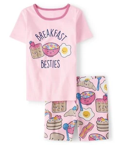 Girls Sleeve Top and Shorts Snug Fit 100% Cotton 2 Piece Pajama Set Breakfast... - Picture 1 of 4