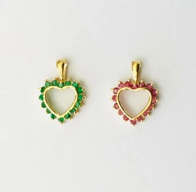 Твердый 14K желтое золото натуральный рубин / изумруд драгоценный камень сердце подвески новый - Изображение 1 из 4