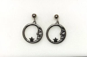 Rhodium Plate Ornate Style Dangle Earring-Moon and Star Hoop- ball post - Picture 1 of 3