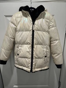 Vierra Rose Girl’s Black Faux Fur Duck Down Puffer in Pearl Hologram Size 10Y - Picture 1 of 8