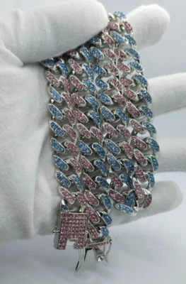 Collar de cadena cubana Miami de acero inoxidable de 10 mm para hombre 18" zafiro azul y rosa Foto 1 de 4