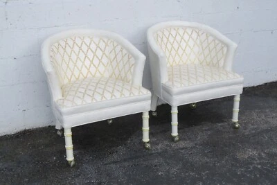 Hollywood Regency Burl Shape Faux Bamboo Painted Side Lounge Chairs a Pair 4982 - Image 1 of 4