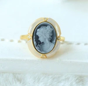 N18 " Princess With Bead Chain " Agate Black Pearl Ring Silver 925 - Imagen 1 de 2