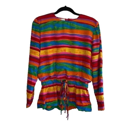 Nipon Boutique Silks Long Sleeve Top Size 8 Art Artsy Multicolor Drawstring - Imagem 1 de 4