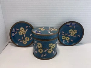 3 Piece Set Of VTG Chinese Enameled Copper Cherry Blossoms On Turquoise GC - Picture 1 of 7