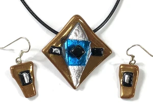 Dichroic Glass Jewelry Set Artisan Handmade Fused - Pendant Necklace & Earrings - Picture 1 of 9
