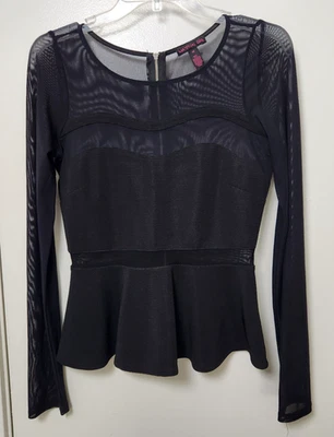 Material Niña Negro Manga Larga Malla y Tejido Ajuste y Acampanado Peplum Top Cremallera Espalda Med Foto 1 de 4