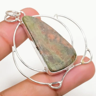 Pendente In Gemma Unakite Fatto A Mano In Argento Sterling 925 2.05" - Immagine 1 di 4