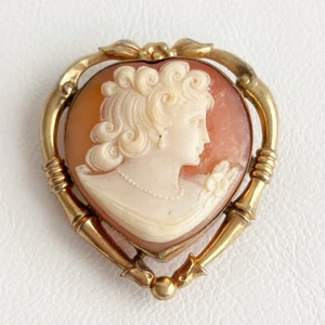 Antike geschnitzte Muschel Kamee Brosche Anhänger Herzform 12K Gold Filled signiert M - Bild 1 von 12