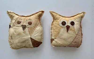 2 Rustic Cutter Quilt Owls Throw Pillows Crochet Eyes Handmade Distressed Fabric - Image 1 of 4