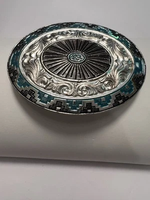 Винтажная овальная посеребренная пряжка для ремня Crumrine с западной гравировкой бирюза отличное состояние - Изображение 1 из 4