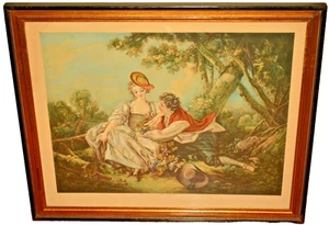 FRANCOIS BOUCHER Original Antique Autumn Lovers Portrait Renaissance Lithograph - Picture 1 of 12
